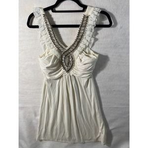 Dating Clothing Ivory Jersey and Chiffon Beaded Sleeveless Blouse Size Medium